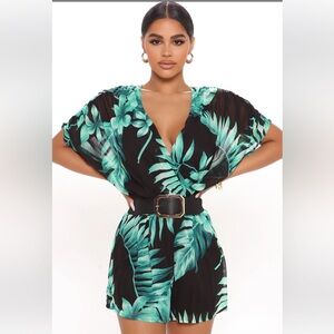 Tropical Romper Vacation Summer with adjustable Belt Medium Black & Green
